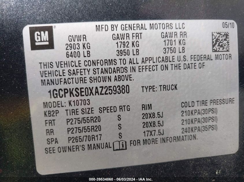 2010 Chevrolet Silverado 1500 K1500 Lt VIN: 1GCPKSE0XAZ259380 Lot: 39534860