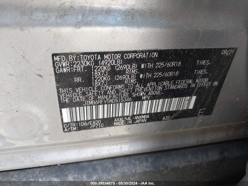 2021 Toyota Rav4 Xle Premium Hybrid VIN: JTMB6RFV5MD515346 Lot: 39534875