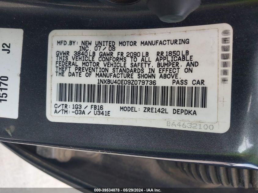 2009 Toyota Corolla Le VIN: 1NXBU40E09Z079736 Lot: 39534878