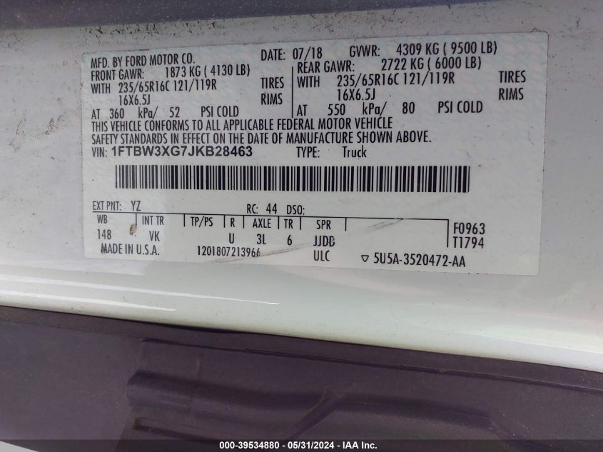 2018 Ford Transit-350 VIN: 1FTBW3XG7JKB28463 Lot: 39534880