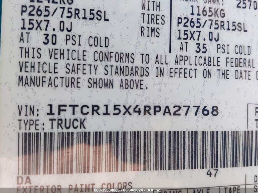 1994 Ford Ranger Super Cab VIN: 1FTCR15X4RPA27768 Lot: 39534885