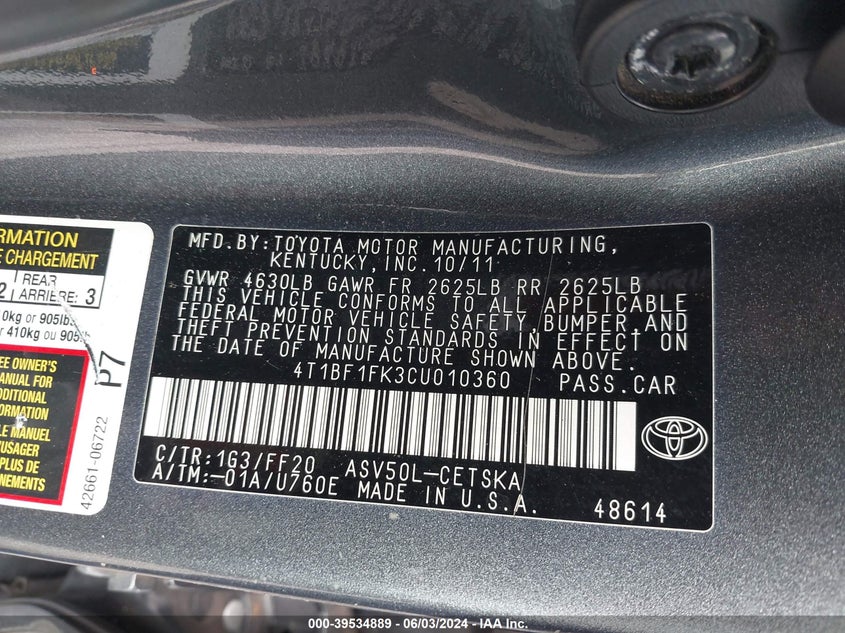 2012 Toyota Camry Se VIN: 4T1BF1FK3CU010360 Lot: 39534889