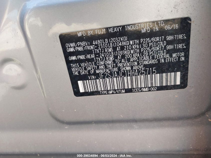 2017 Subaru Forester 2.5I Limited VIN: JF2SJAJC1HH425715 Lot: 39534894