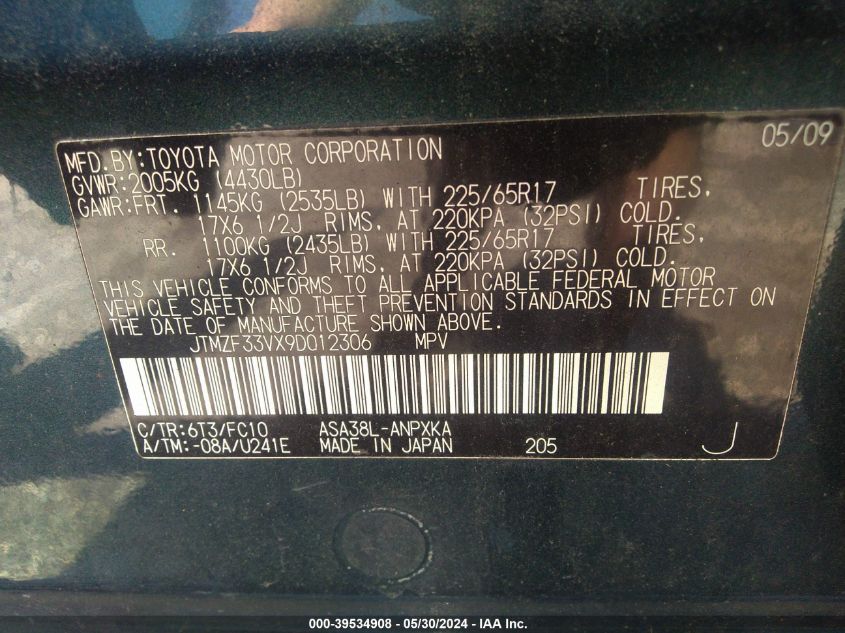 2009 Toyota Rav4 VIN: JTMZF33VX9D012306 Lot: 39534908