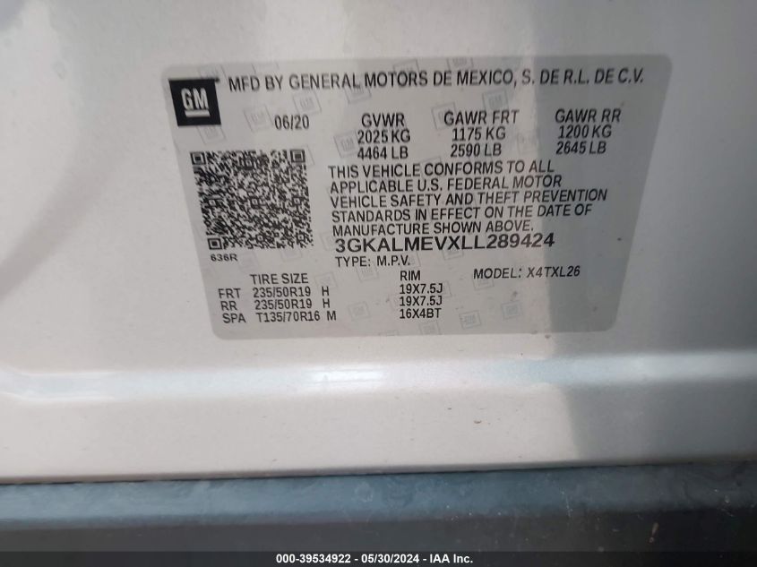 2020 GMC Terrain Fwd Sle VIN: 3GKALMEVXLL289424 Lot: 39534922