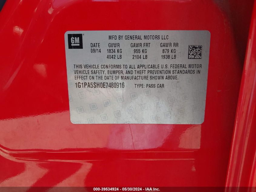 2014 Chevrolet Cruze Ls Auto VIN: 1G1PA5SH0E7480916 Lot: 39534924