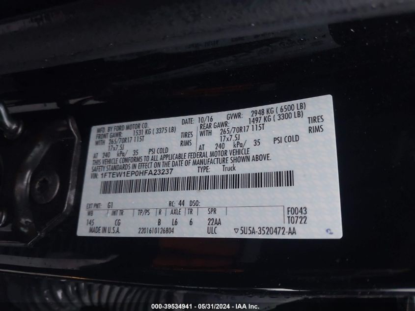 2017 Ford F-150 Xl VIN: 1FTEW1EP0HFA23237 Lot: 39534941