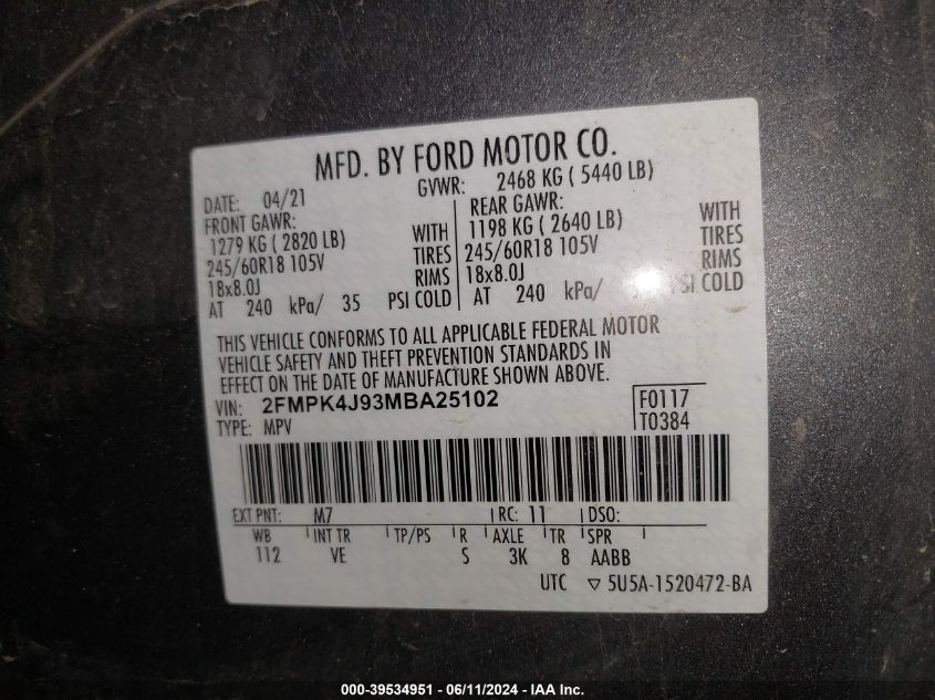 2021 Ford Edge Sel VIN: 2FMPK4J93MBA25102 Lot: 39534951