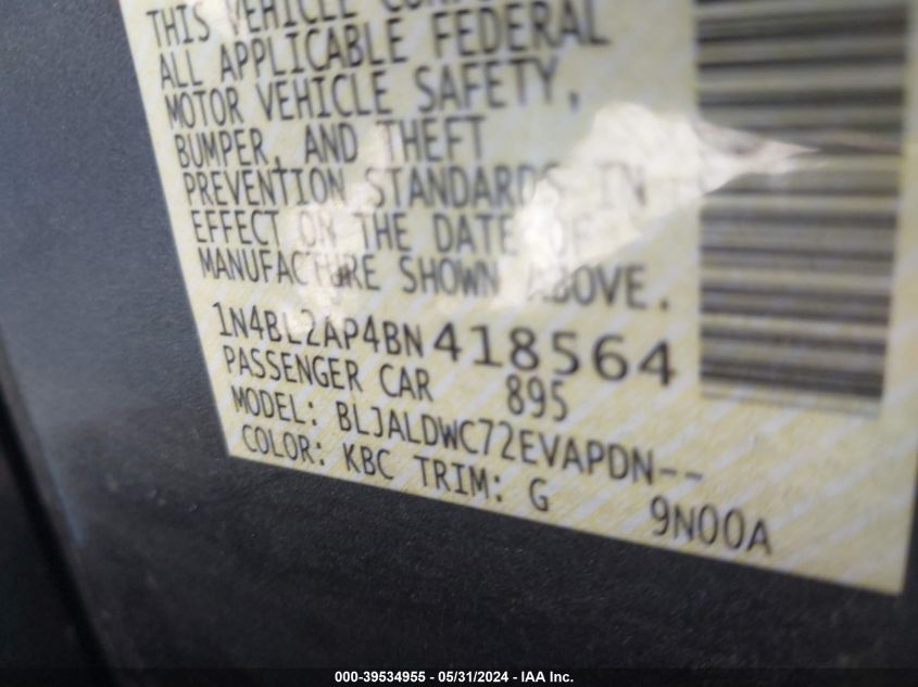 2011 Nissan Altima 3.5 Sr VIN: 1N4BL2AP4BN418564 Lot: 39534955