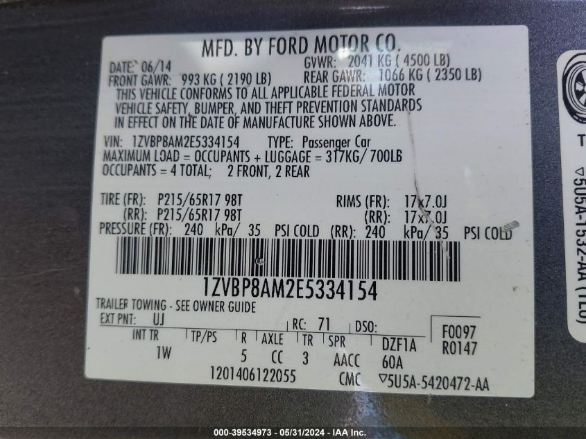 2014 Ford Mustang V6 VIN: 1ZVBP8AM2E5334154 Lot: 39534973