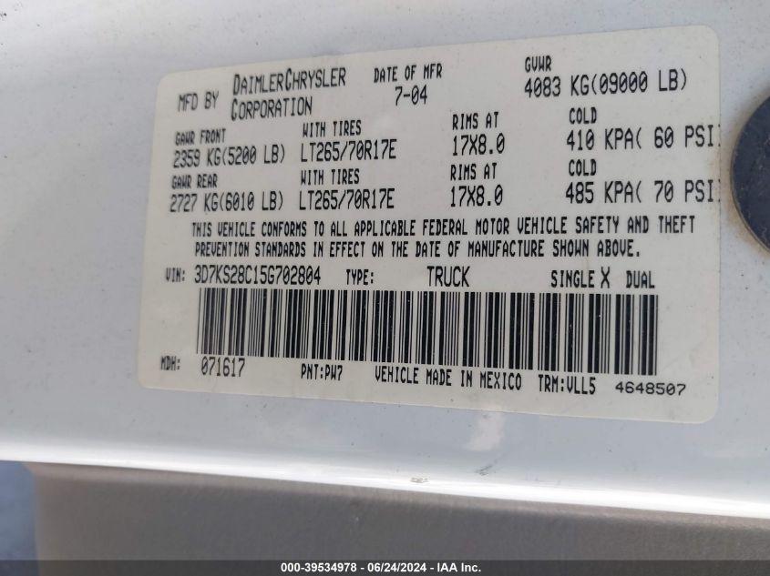 2005 Dodge Ram 2500 Slt/Laramie VIN: 3D7KS28C15G702804 Lot: 39534978