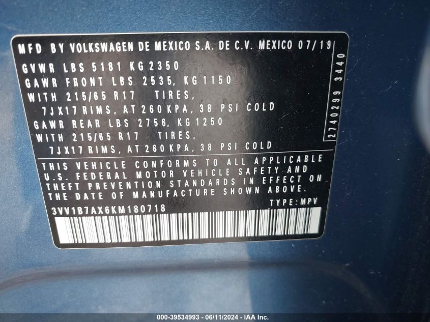 2019 VOLKSWAGEN TIGUAN 2.0T S - 3VV1B7AX6KM180718