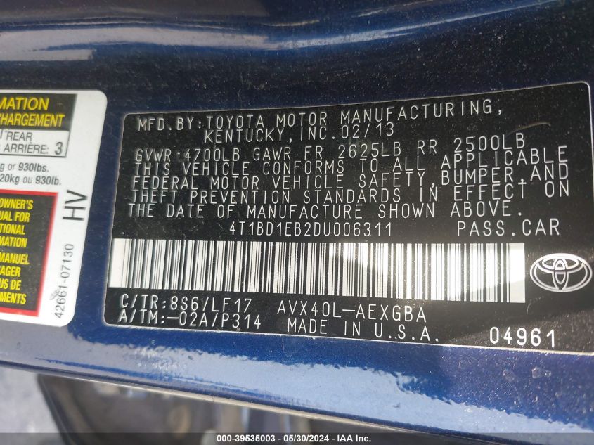 2013 Toyota Avalon Hybrid Xle Premium VIN: 4T1BD1EB2DU006311 Lot: 39535003