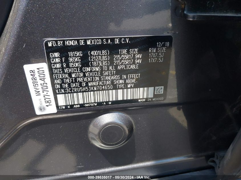 2019 Honda Hr-V Ex VIN: 3CZRU5H53KM704650 Lot: 39535017