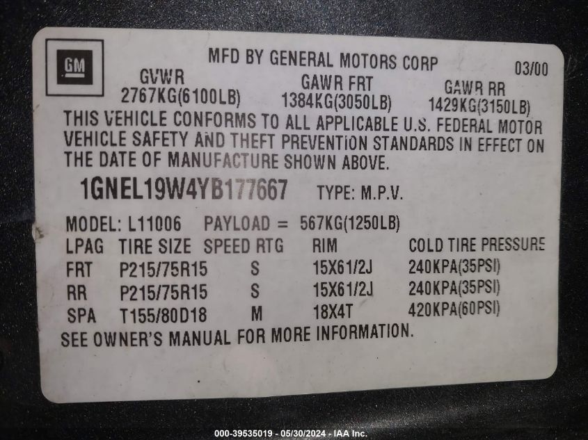 2000 Chevrolet Astro VIN: 1GNEL19W4YB177667 Lot: 39535019