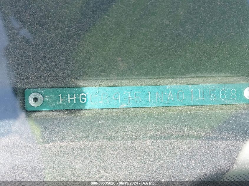 1992 Honda Accord Lx VIN: 1HGCB9751NA014568 Lot: 39535020