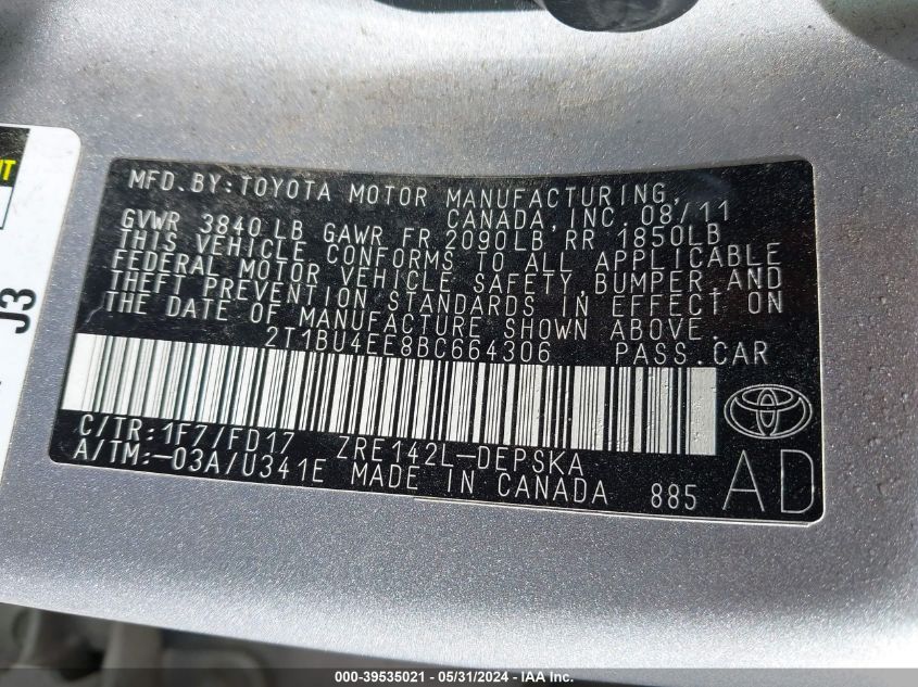 2011 Toyota Corolla S VIN: 2T1BU4EE8BC664306 Lot: 39535021