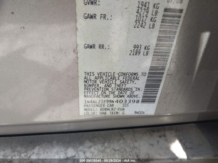 2009 Nissan Altima 2.5 S VIN: 1N4AL21E99N403398 Lot: 39535040