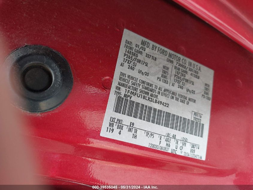 2003 Ford Expedition Eddie Bauer VIN: 1FMFU18LX3LB49422 Lot: 39535045