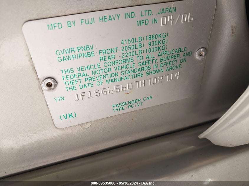 2007 Subaru Forester 2.5X VIN: JF1SG65607H702714 Lot: 39535060