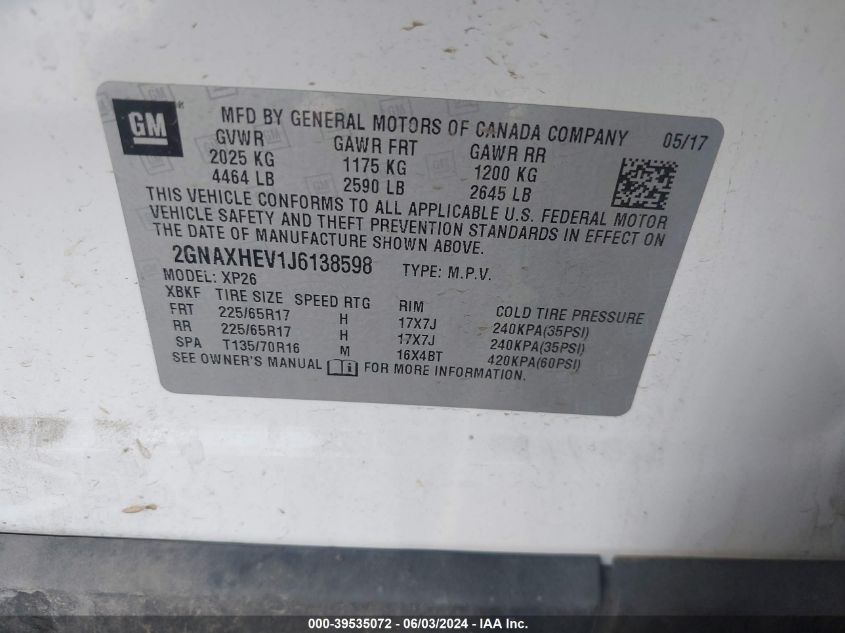 2018 Chevrolet Equinox Ls VIN: 2GNAXHEV1J6138598 Lot: 39535072