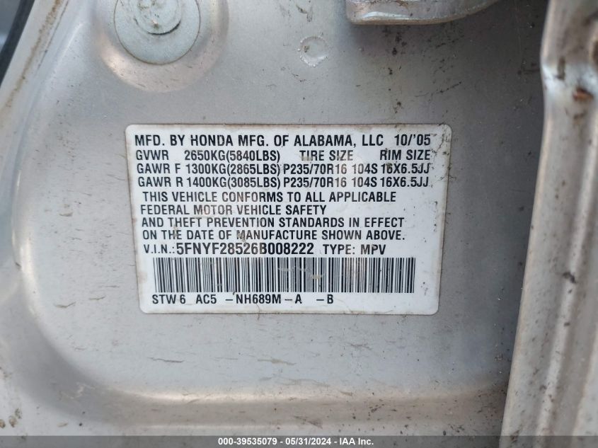 2006 Honda Pilot Ex-L VIN: 5FNYF28526B008222 Lot: 39535079