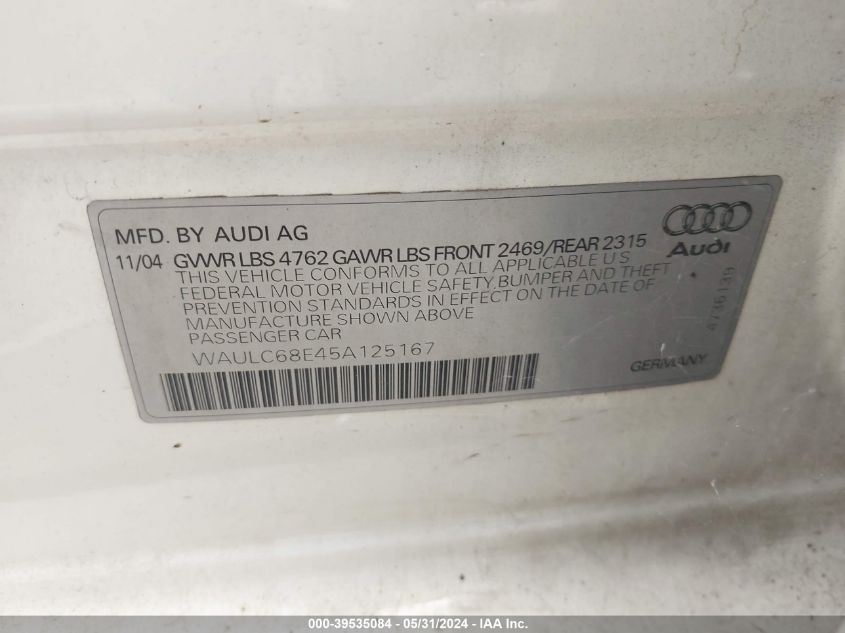 2005 Audi A4 1.8T Special Edition VIN: WAULC68E45A125167 Lot: 39535084