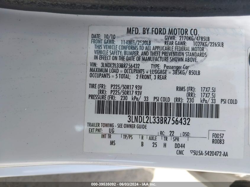 2011 Lincoln Mkz Hybrid VIN: 3LNDL2L33BR756432 Lot: 39535092