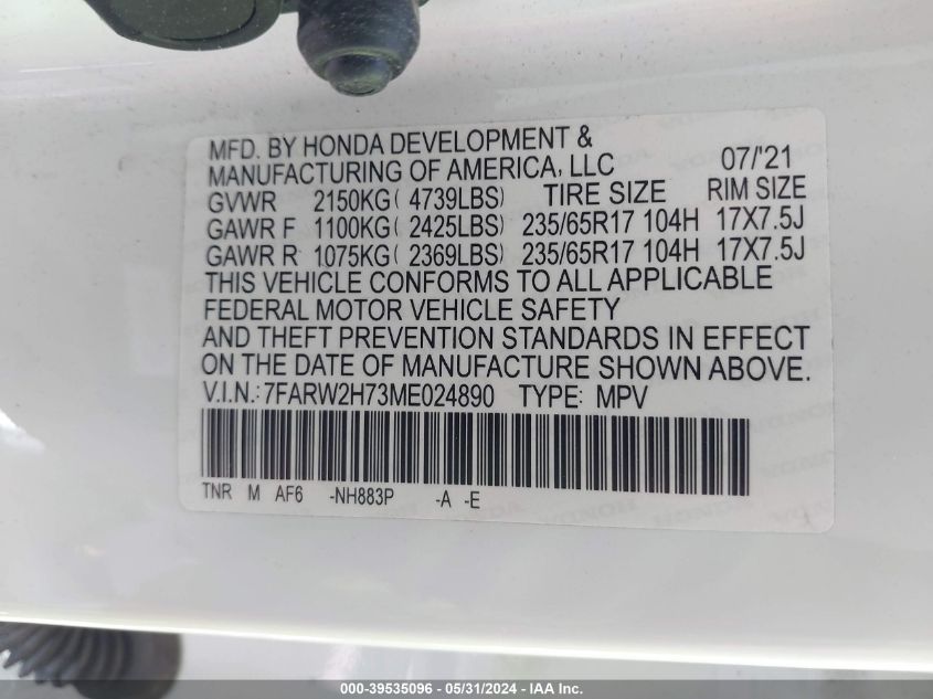 2021 Honda Cr-V Se VIN: 7FARW2H73ME024890 Lot: 39535096