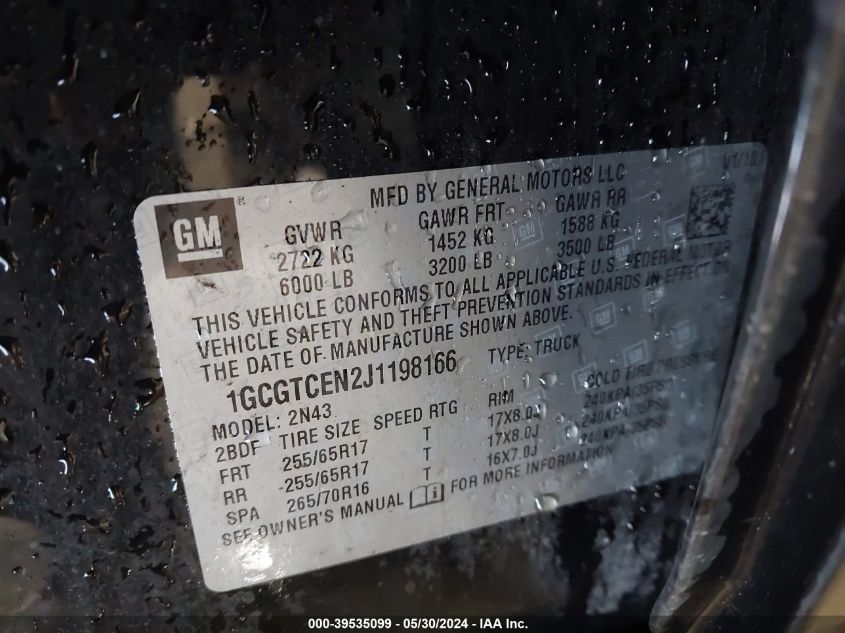 2018 Chevrolet Colorado Lt VIN: 1GCGTCEN2J1198166 Lot: 39535099