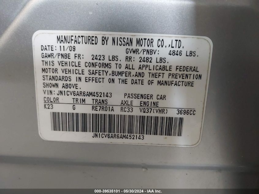 2010 Infiniti G37 Sedan X VIN: JN1CV6AR6AM452143 Lot: 39535101