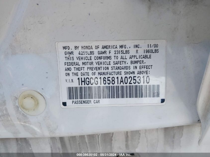 2001 Honda Accord 3.0 Ex VIN: 1HGCG16581A025310 Lot: 39535102