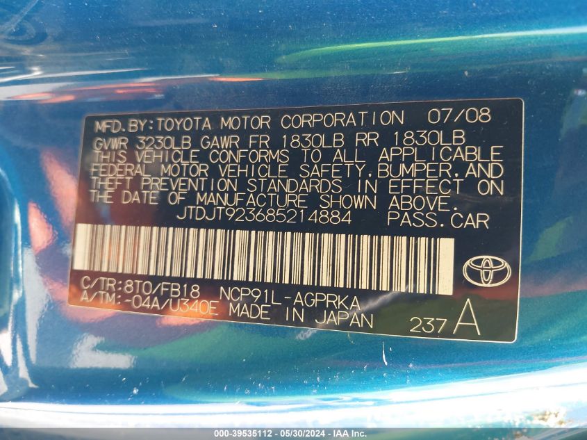 2008 Toyota Yaris VIN: JTDJT923685214884 Lot: 39535112