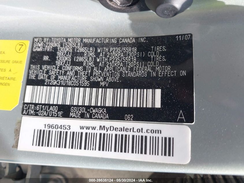 2008 Lexus Rx 350 VIN: 2T2GK31U18C051595 Lot: 39535124