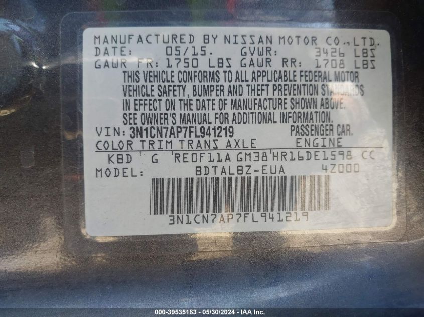 2015 Nissan Versa 1.6 Sv VIN: 3N1CN7AP7FL941219 Lot: 39535183