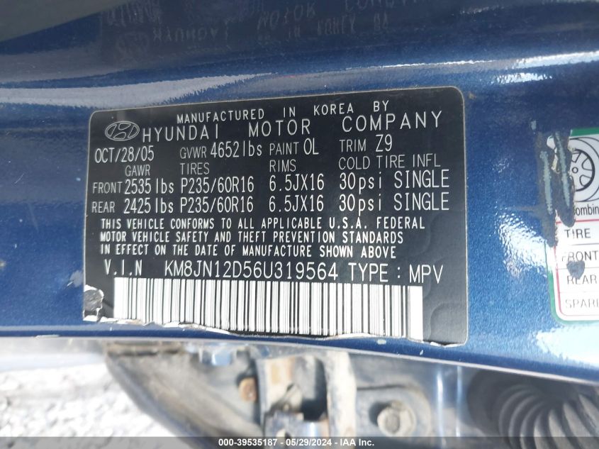 2006 Hyundai Tucson Gls/Limited VIN: KM8JN12D56U319564 Lot: 39535187