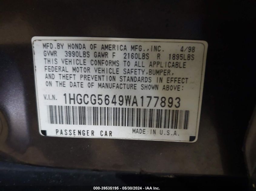 1HGCG5649WA177893 | 1998 HONDA ACCORD