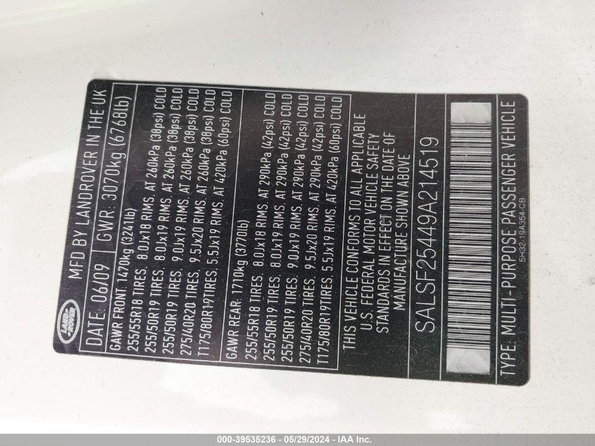 2009 Land Rover Range Rover Sport Hse VIN: SALSF25449A214519 Lot: 39535236