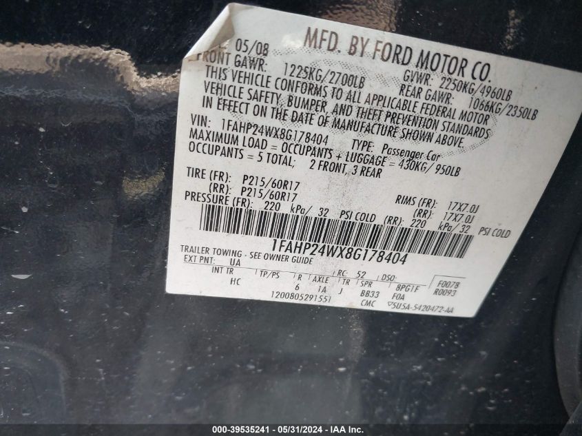 2008 Ford Taurus Sel VIN: 1FAHP24WX8G178404 Lot: 39535241
