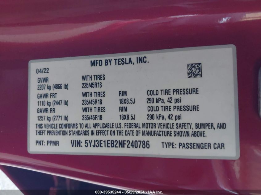 2022 Tesla Model 3 Long Range Dual Motor All-Wheel Drive VIN: 5YJ3E1EB2NF240786 Lot: 39535244