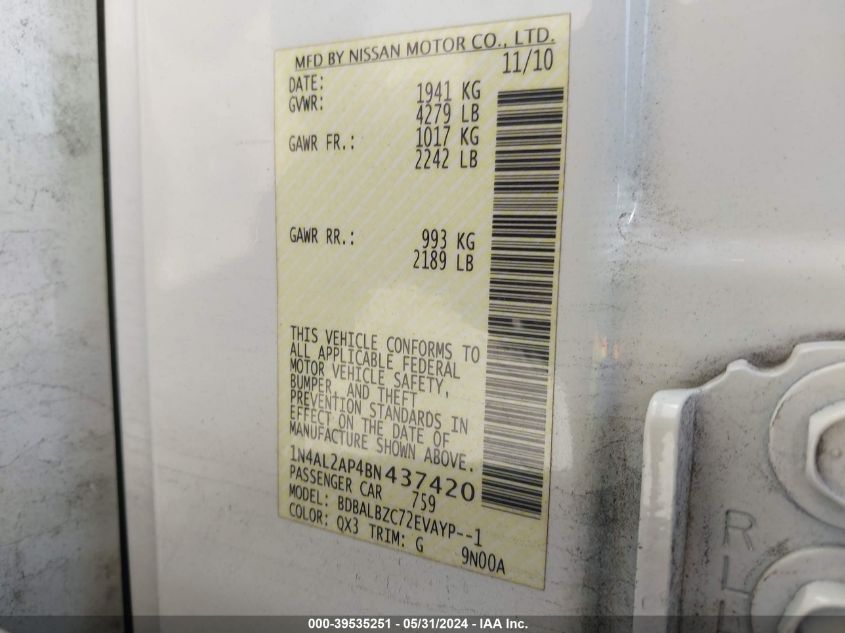 2011 Nissan Altima 2.5 S VIN: 1N4AL2AP4BN437420 Lot: 39535251