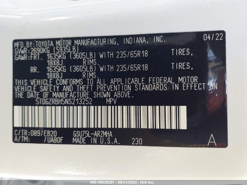 2022 Toyota Highlander Xle VIN: 5TDGZRBH5NS213252 Lot: 39535257