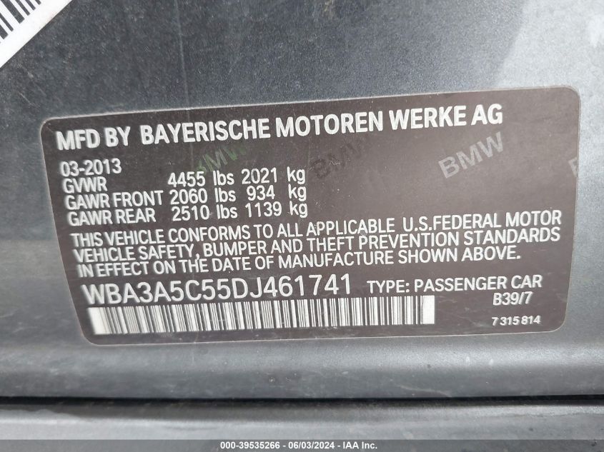 2013 BMW 328I VIN: WBA3A5C55DJ461741 Lot: 39535266