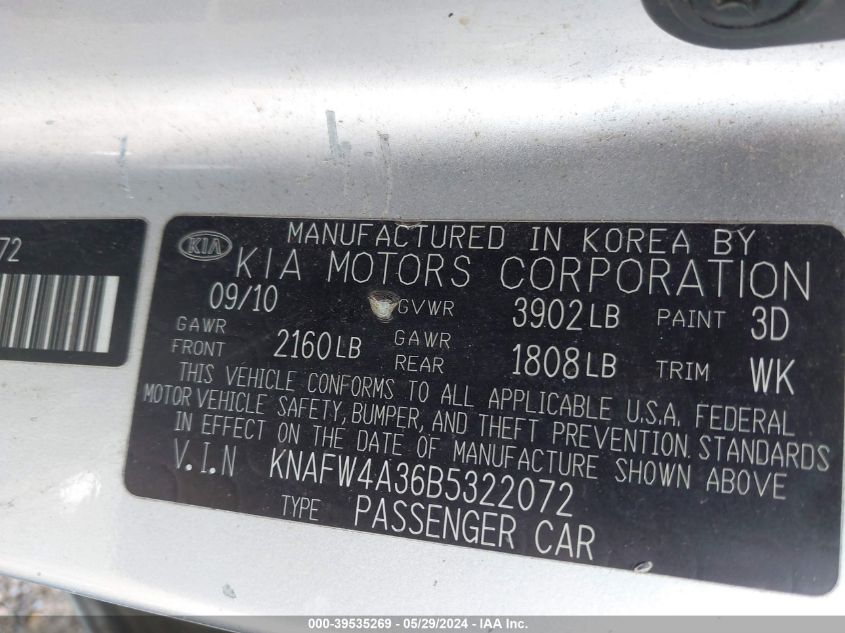 2011 Kia Forte Sx VIN: KNAFW4A36B5322072 Lot: 39535269