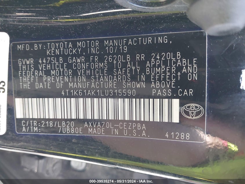2020 TOYOTA CAMRY VIN: 4T1K61AK1LU315590