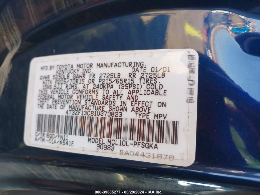 2001 Toyota Sienna Le VIN: 4T3ZF13C81U370823 Lot: 39535277