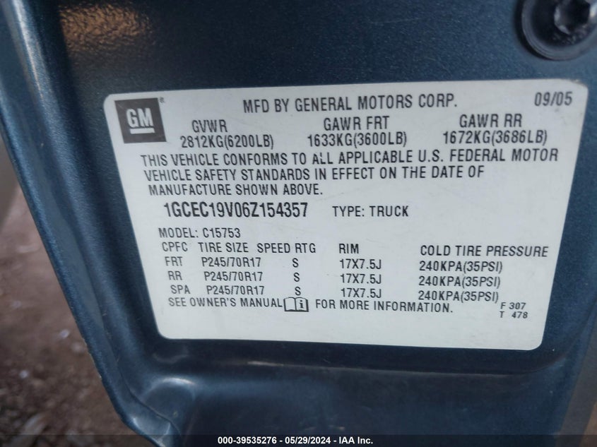 2006 Chevrolet Silverado 1500 Lt1 VIN: 1GCEC19V06Z154357 Lot: 39535276