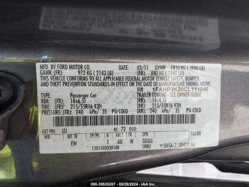 2012 Ford Focus Se VIN: 1FAHP3K20CL111946 Lot: 39535287