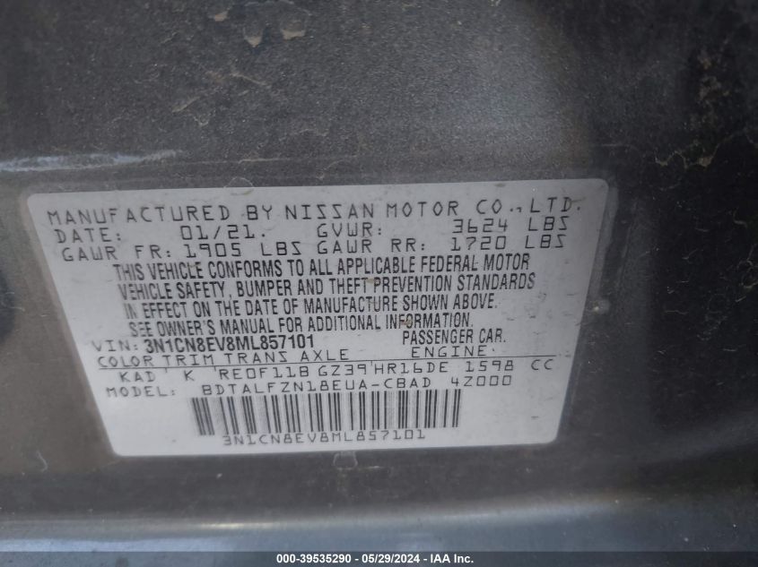 2021 Nissan Versa Sv Xtronic Cvt VIN: 3N1CN8EV8ML857101 Lot: 39535290