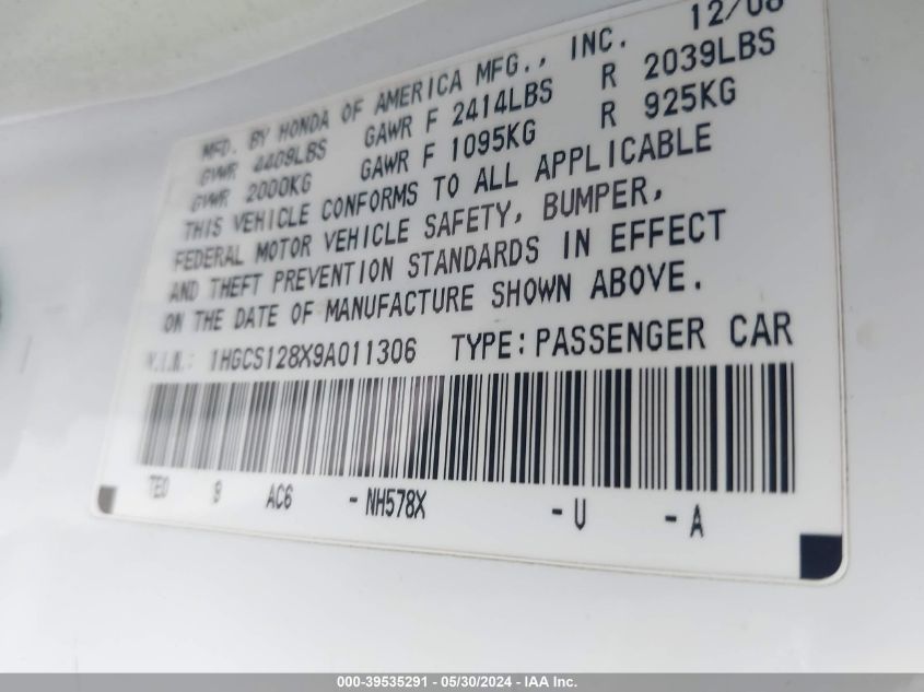 2009 Honda Accord 2.4 Ex-L VIN: 1HGCS128X9A011306 Lot: 39535291